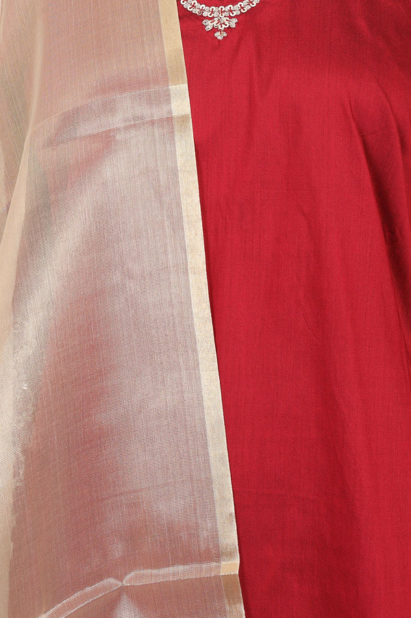 Maroon Embroidered Straight Kurta with Pants and Dupatta Set