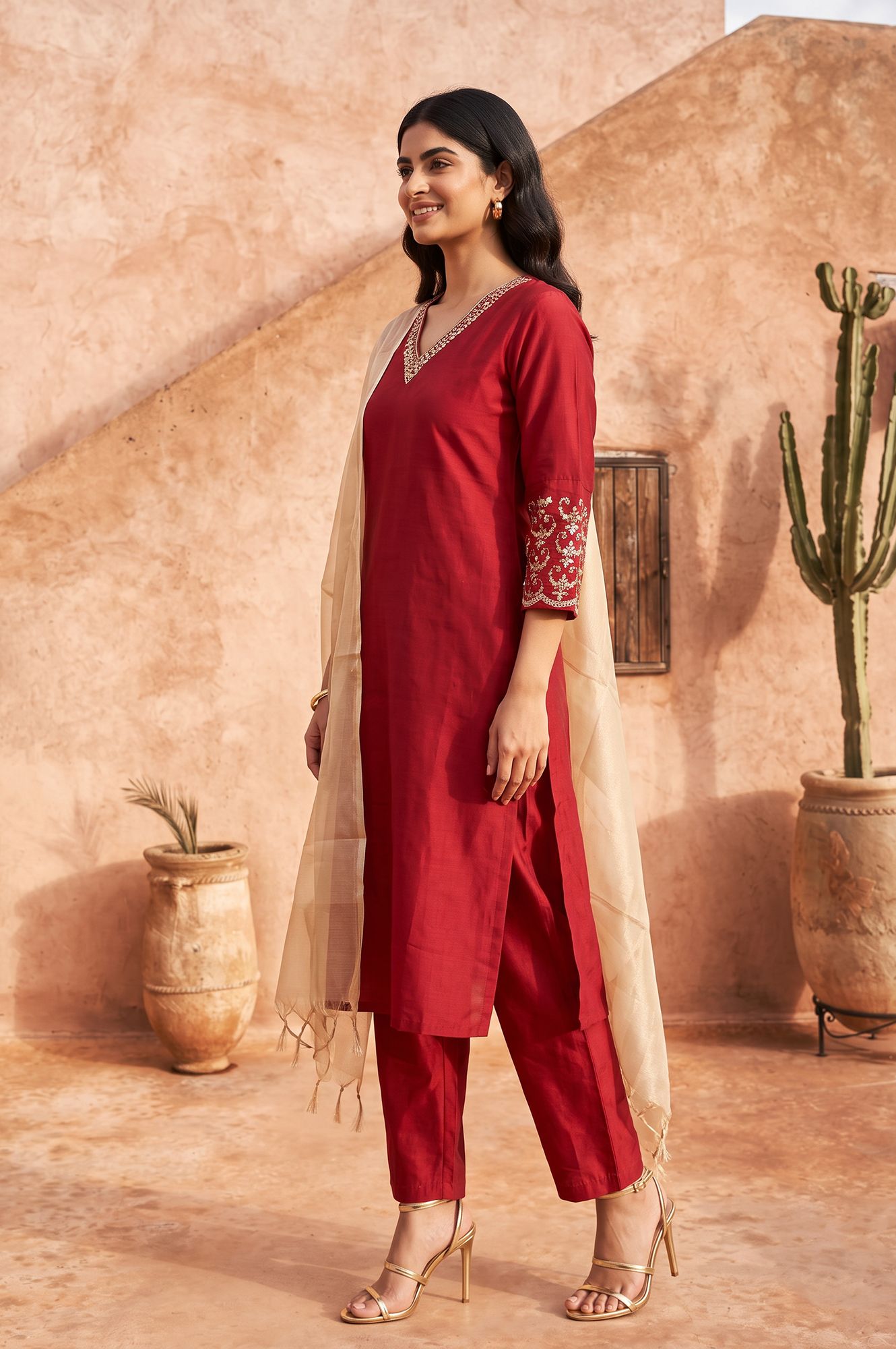 Maroon Embroidered Straight Kurta with Pants and Dupatta Set