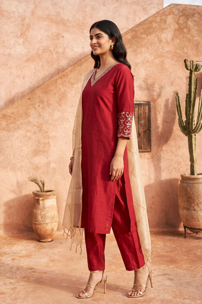 Maroon Embroidered Straight Kurta with Pants and Dupatta Set