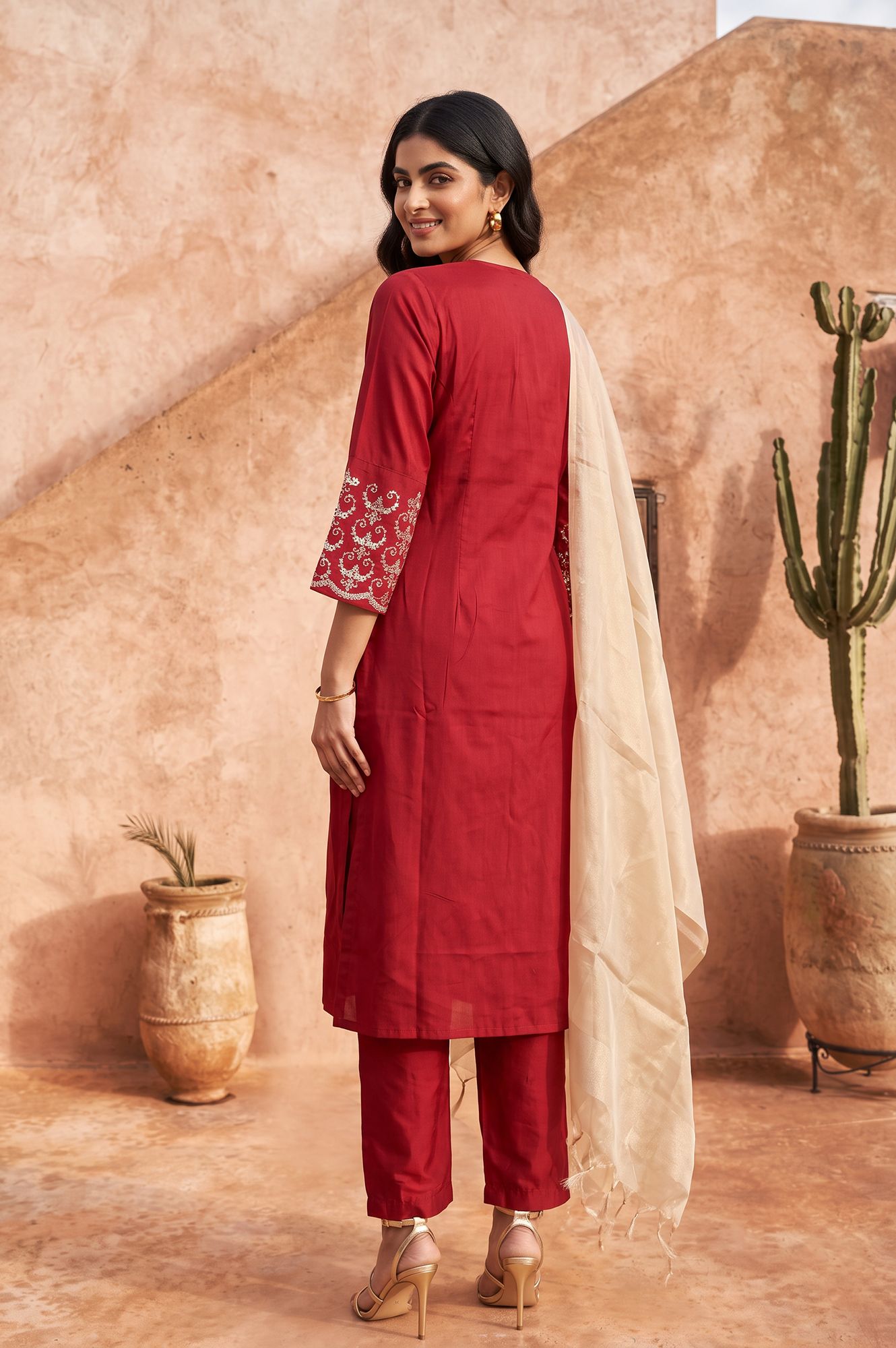 Maroon Embroidered Straight Kurta with Pants and Dupatta Set