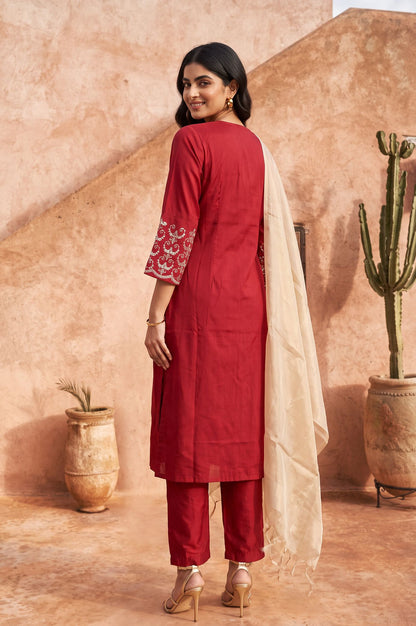 Maroon Embroidered Straight Kurta with Pants and Dupatta Set