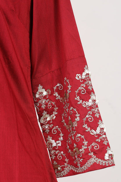 Maroon Embroidered Straight Kurta with Pants and Dupatta Set