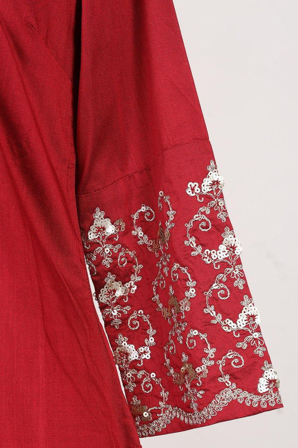 Maroon Embroidered Straight Kurta with Pants and Dupatta Set