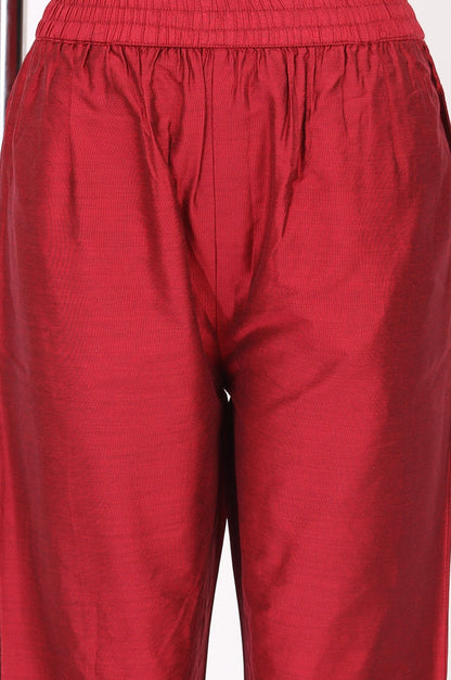 Maroon Embroidered Straight Kurta with Pants and Dupatta Set