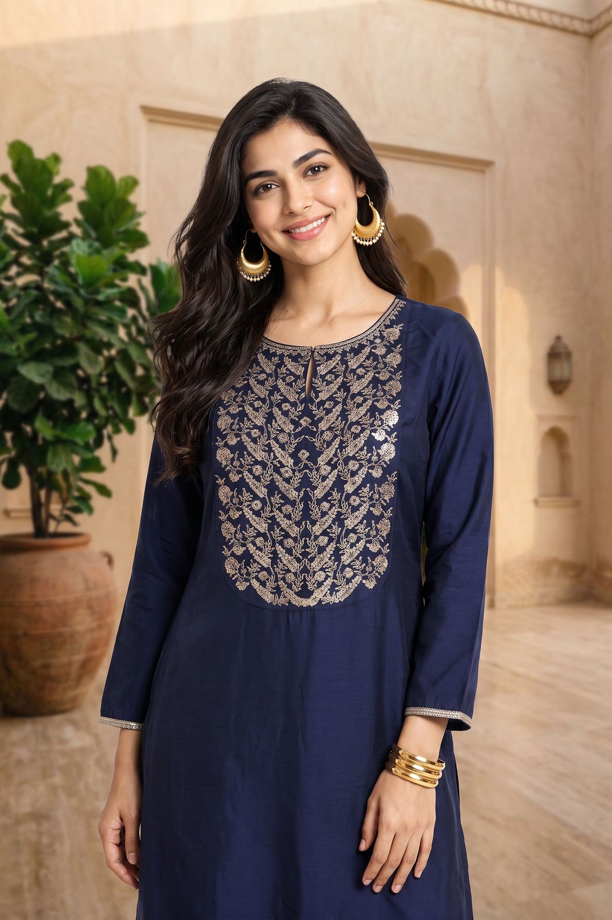 Navy Blue Zari Embroidered Straight Kurta with Straight Pants Set