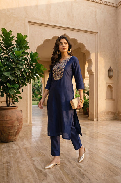 Navy Blue Zari Embroidered Straight Kurta with Straight Pants Set