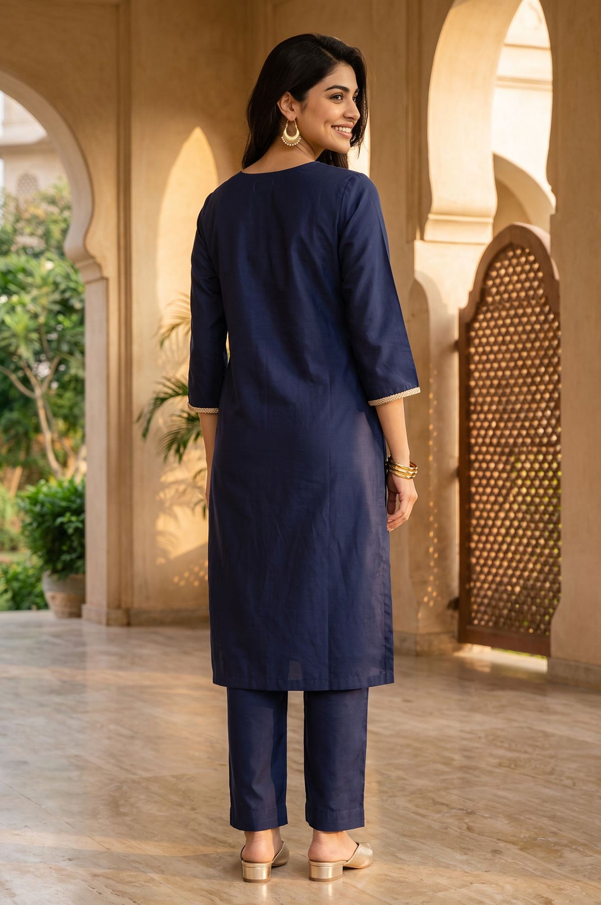 Navy Blue Zari Embroidered Straight Kurta with Straight Pants Set