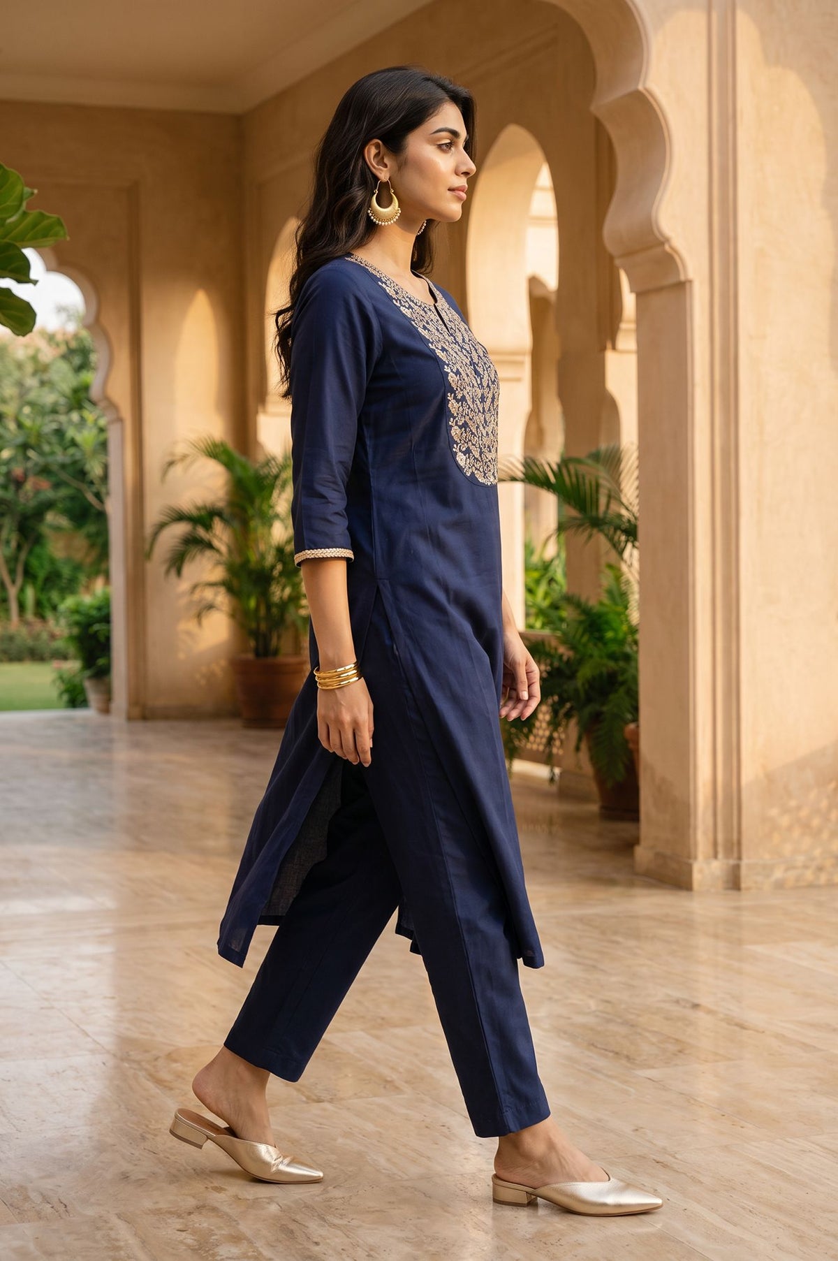 Navy Blue Zari Embroidered Straight Kurta with Straight Pants Set