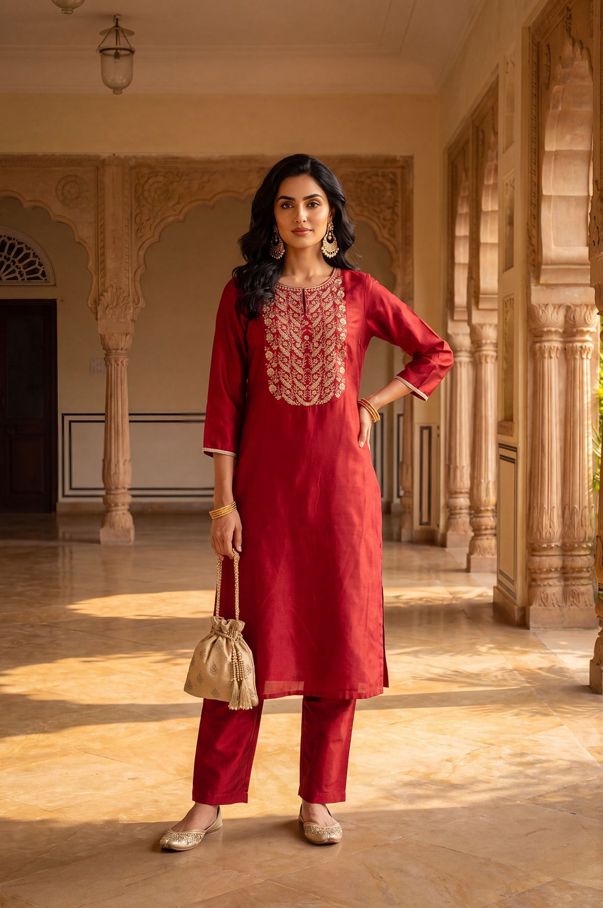 Maroon Zari Embroidered Straight Kurta with Straight Pants Set