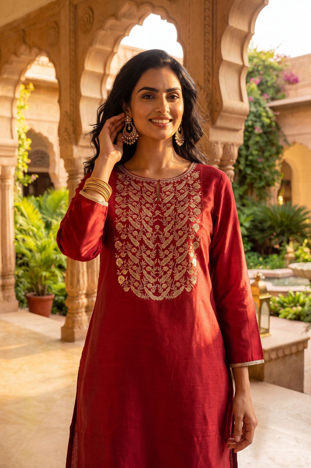 Maroon Zari Embroidered Straight Kurta with Straight Pants Set