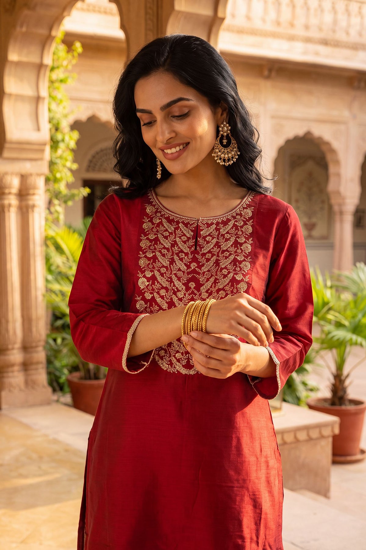 Maroon Zari Embroidered Straight Kurta with Straight Pants Set