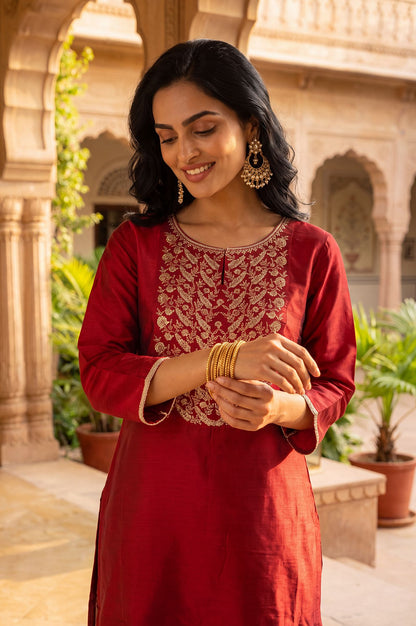 Maroon Zari Embroidered Straight Kurta with Straight Pants Set