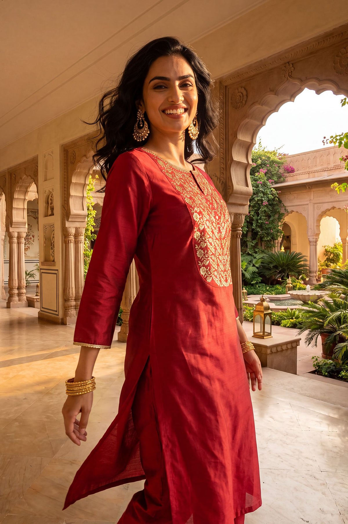 Maroon Zari Embroidered Straight Kurta with Straight Pants Set