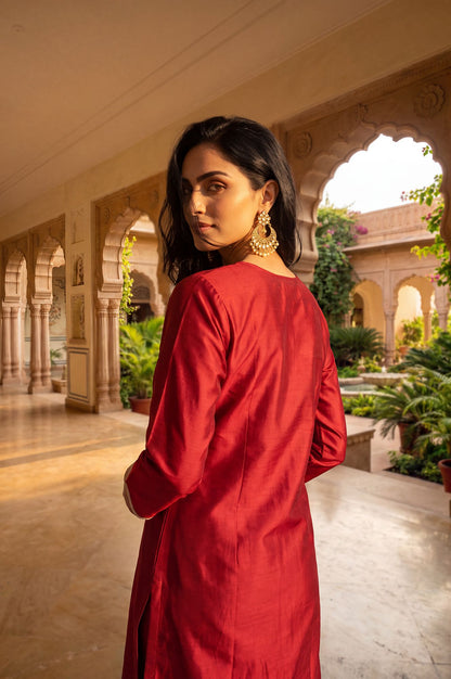 Maroon Zari Embroidered Straight Kurta with Straight Pants Set