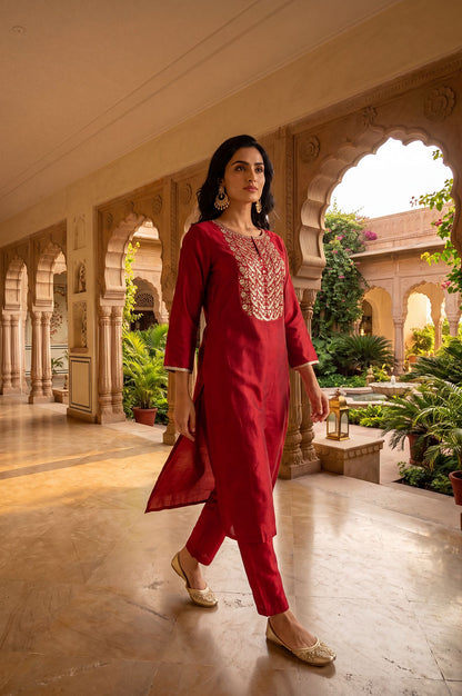 Maroon Zari Embroidered Straight Kurta with Straight Pants Set