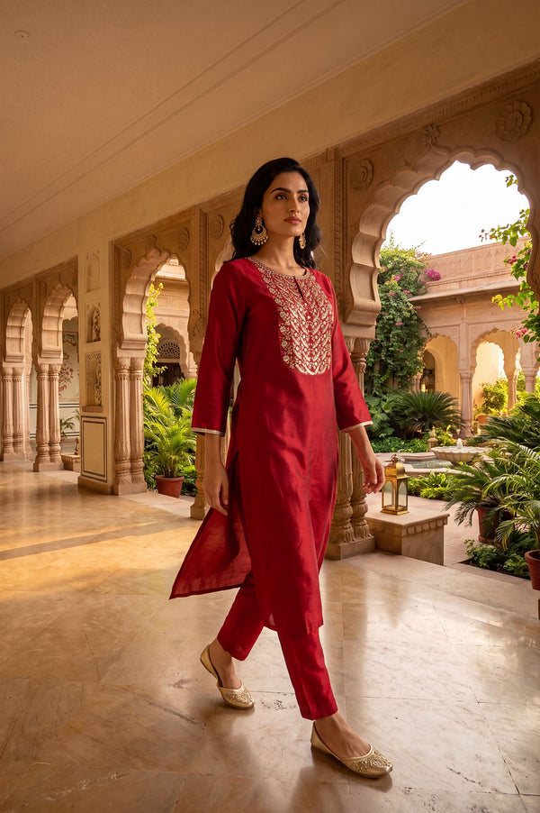Maroon Zari Embroidered Straight Kurta with Straight Pants Set