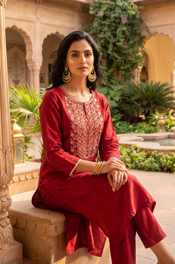 Maroon Zari Embroidered Straight Kurta with Straight Pants Set