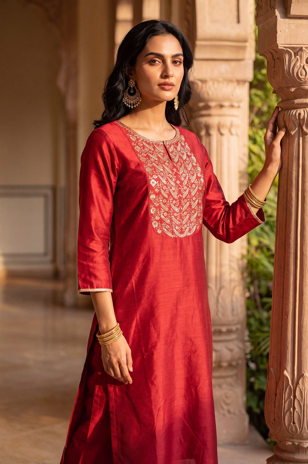 Maroon Zari Embroidered Straight Kurta with Straight Pants Set