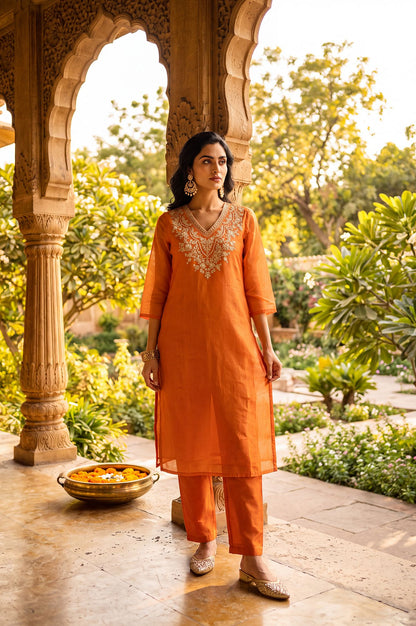 Orange Chanderi Straight Kurta Set with Zari Work &amp; Straight Pants