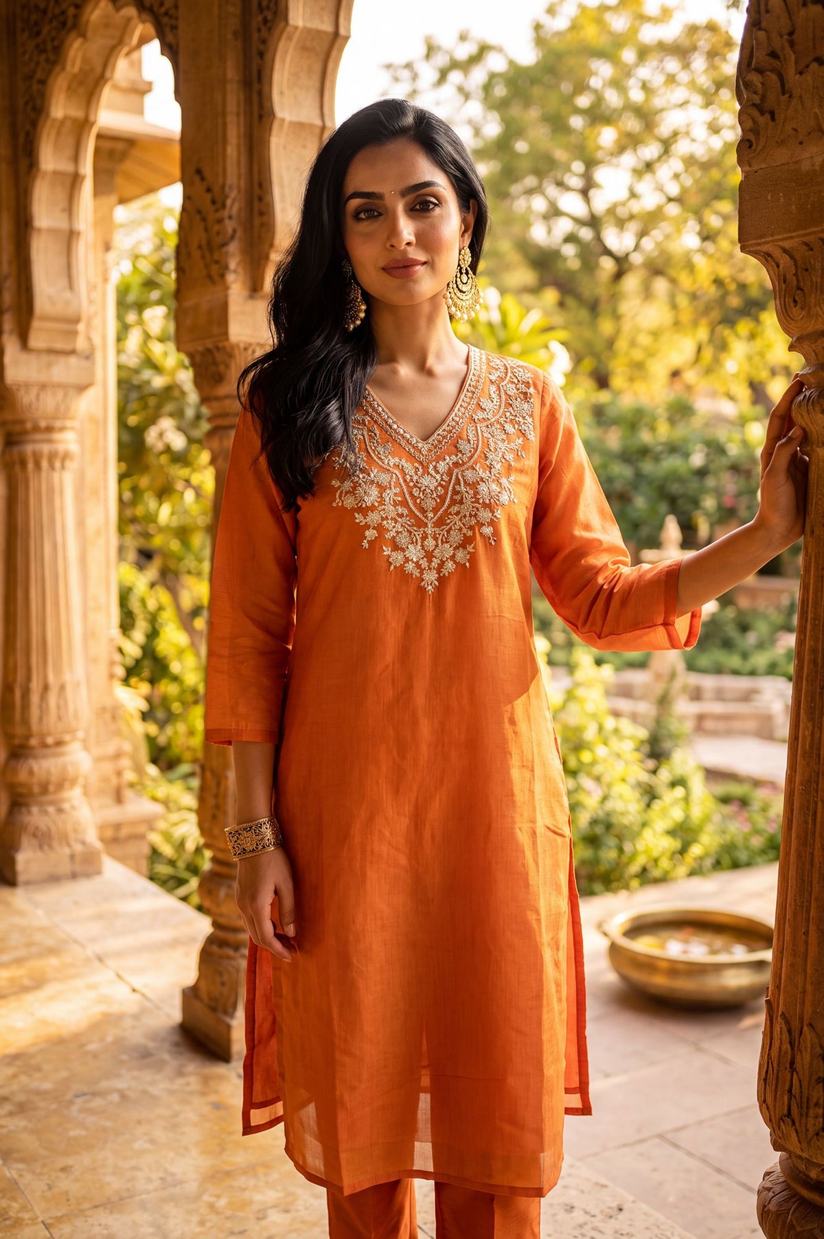 Orange Chanderi Straight Kurta Set with Zari Work &amp; Straight Pants