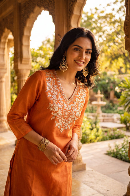Orange Chanderi Straight Kurta Set with Zari Work &amp; Straight Pants
