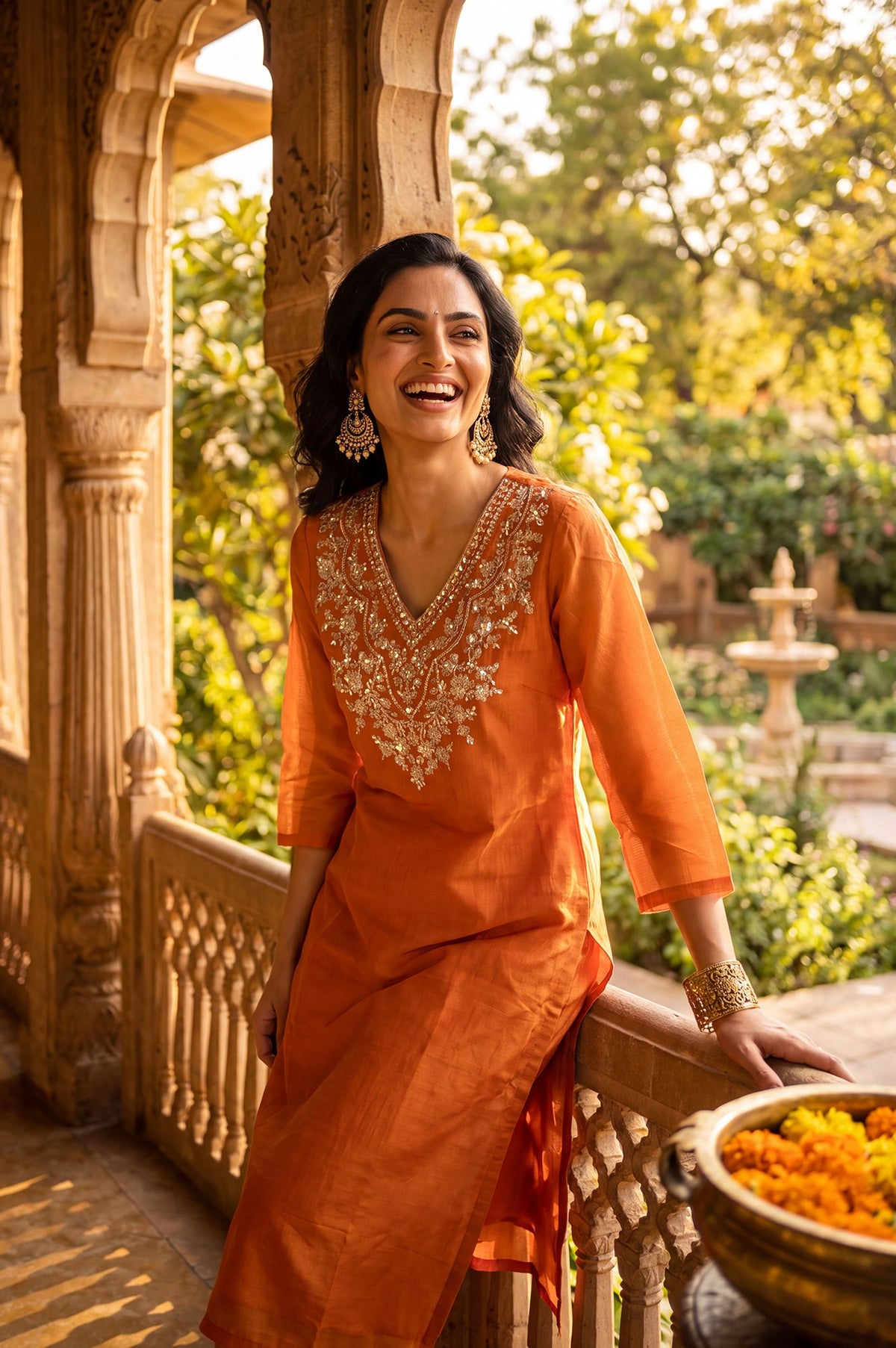 Orange Chanderi Straight Kurta Set with Zari Work &amp; Straight Pants
