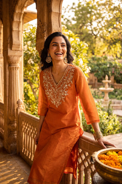 Orange Chanderi Straight Kurta Set with Zari Work &amp; Straight Pants