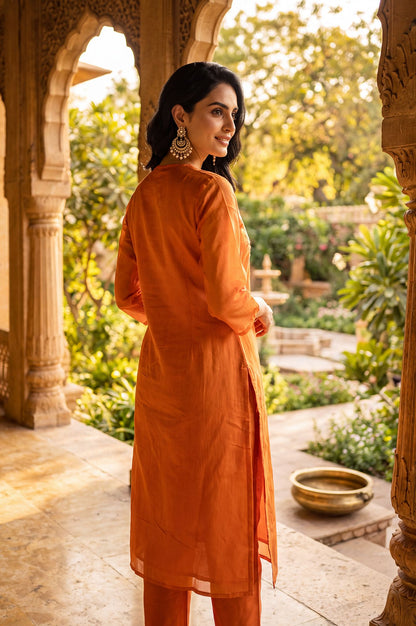 Orange Chanderi Straight Kurta Set with Zari Work &amp; Straight Pants