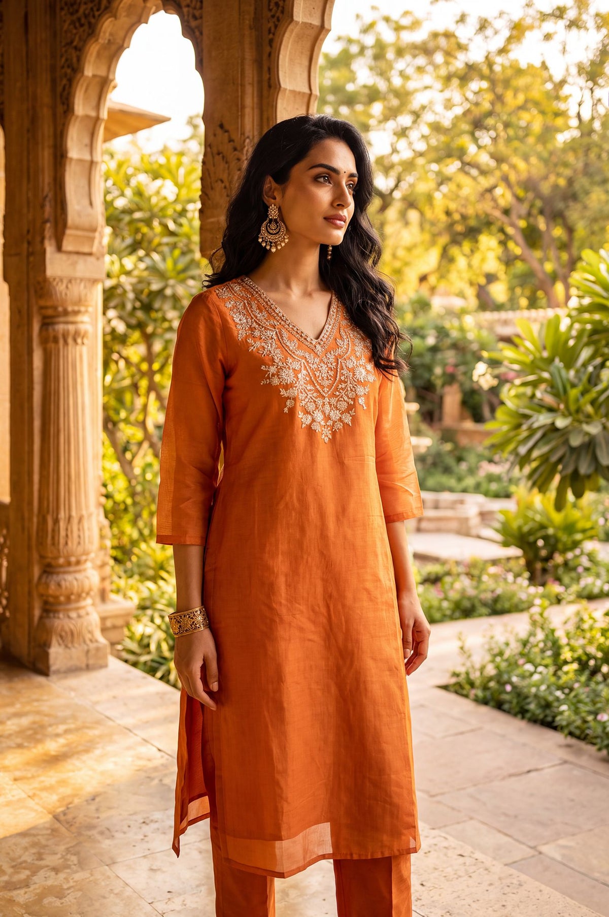 Orange Chanderi Straight Kurta Set with Zari Work &amp; Straight Pants