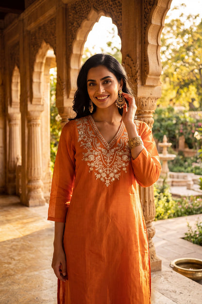 Orange Chanderi Straight Kurta Set with Zari Work &amp; Straight Pants
