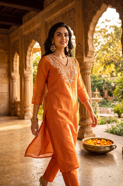 Orange Chanderi Straight Kurta Set with Zari Work &amp; Straight Pants