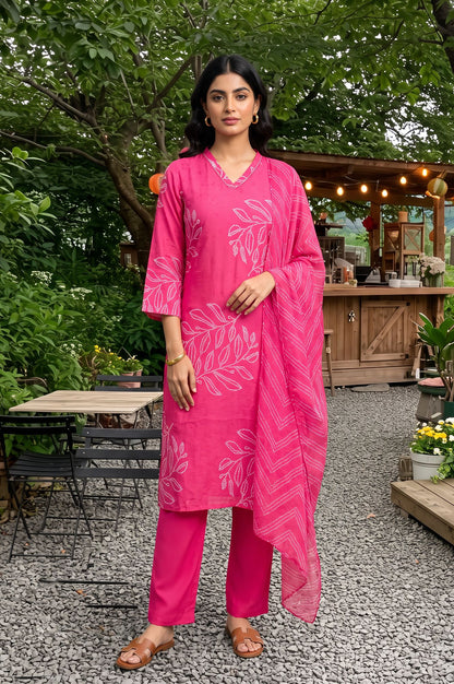 Pink Printed Rayon Straight Kurta with Pants and Dupatta Set