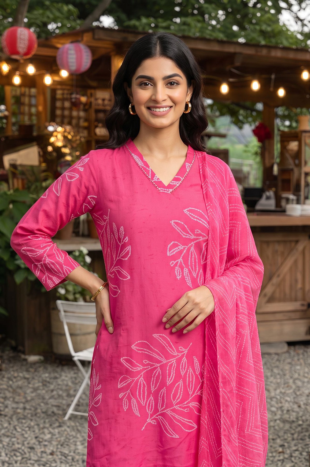 Pink Printed Rayon Straight Kurta with Pants and Dupatta Set