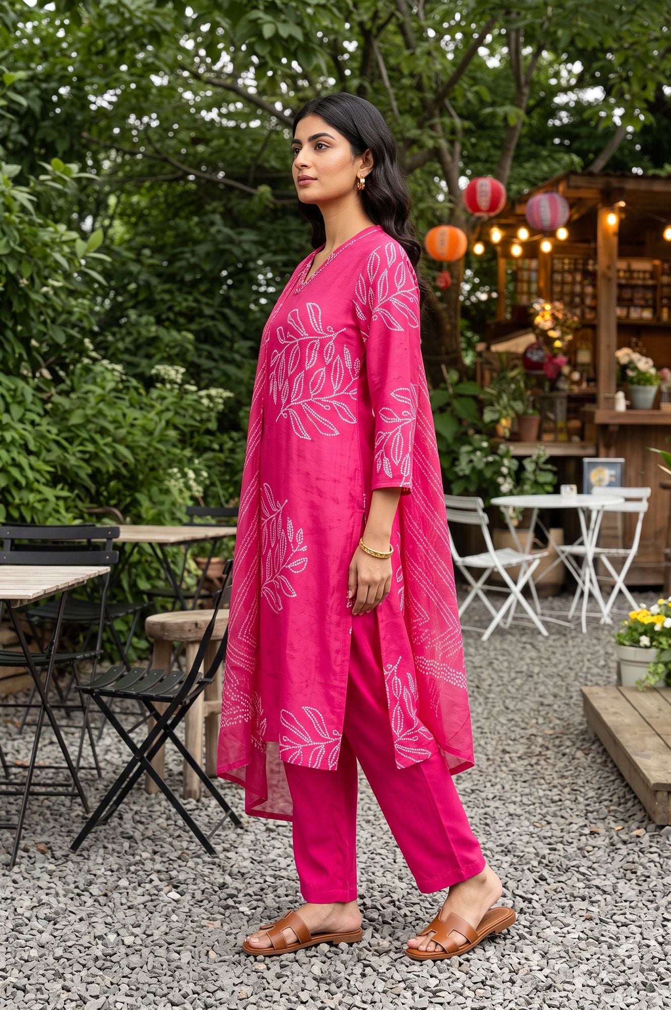 Pink Printed Rayon Straight Kurta with Pants and Dupatta Set
