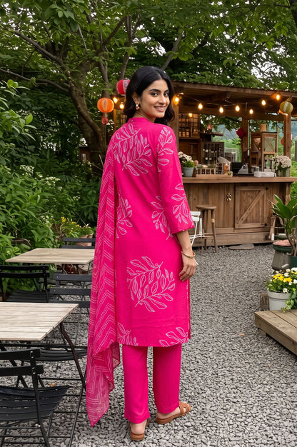 Pink Printed Rayon Straight Kurta with Pants and Dupatta Set
