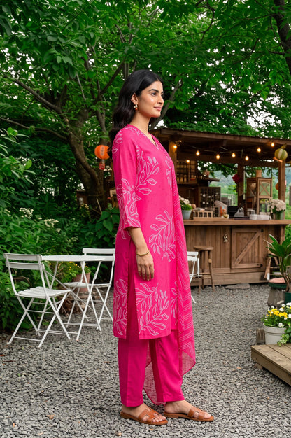 Pink Printed Rayon Straight Kurta with Pants and Dupatta Set