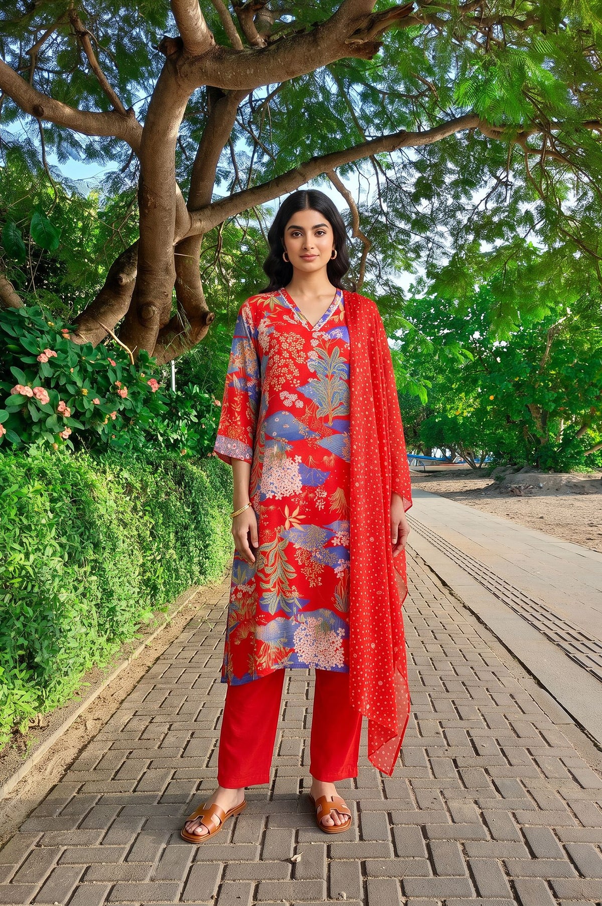 Red Floral Printed Straight Kurta with Pants and Dupatta Set