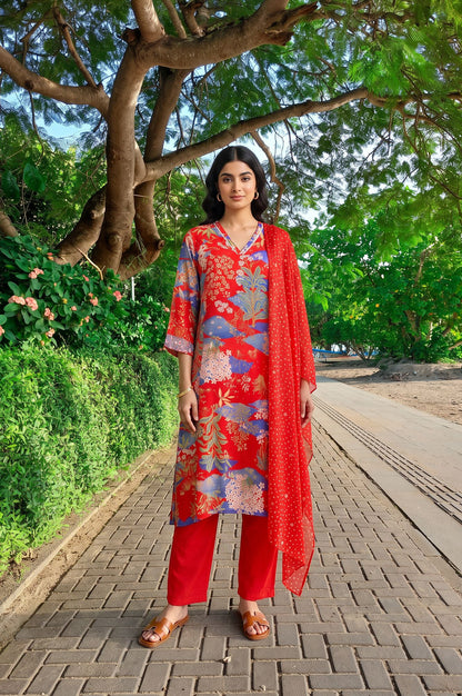 Red Floral Printed Straight Kurta with Pants and Dupatta Set