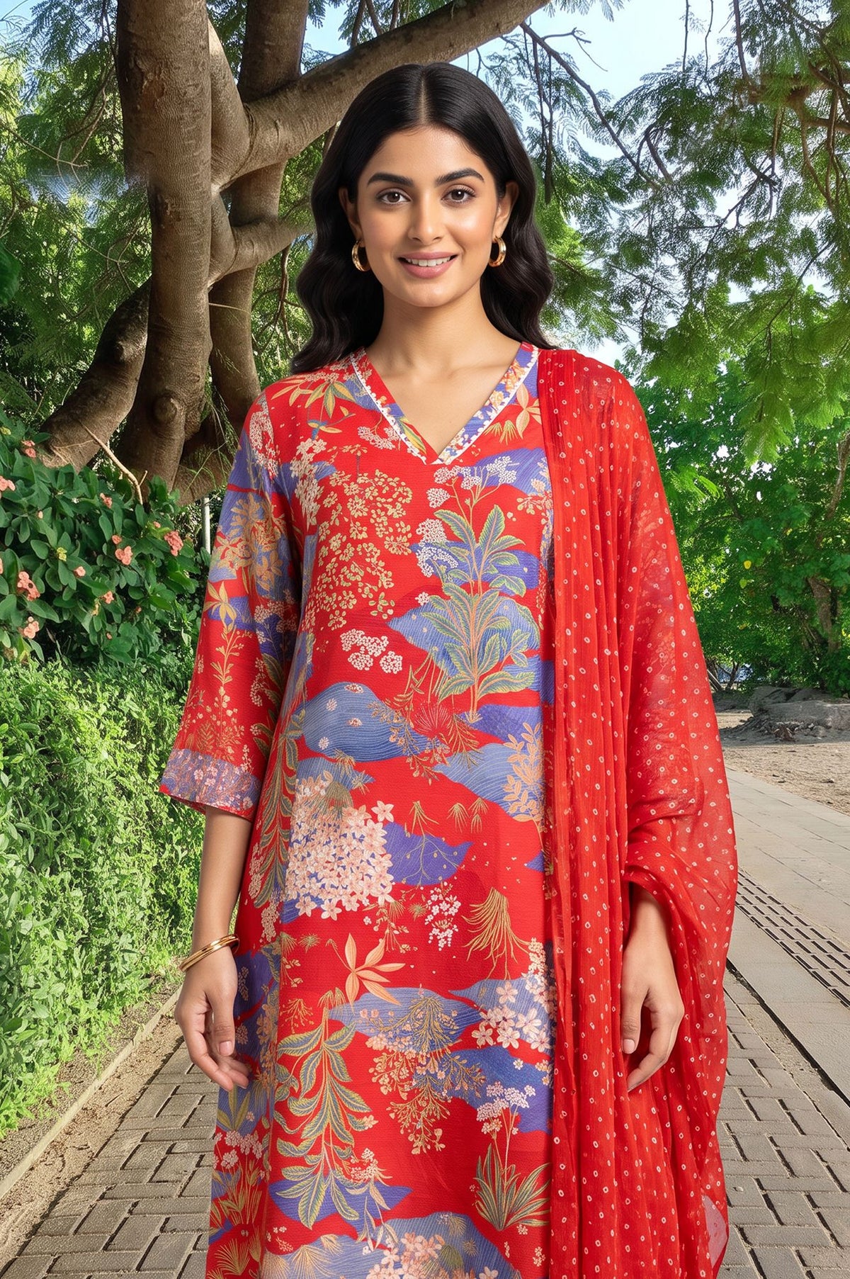 Red Floral Printed Straight Kurta with Pants and Dupatta Set
