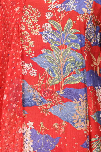 Red Floral Printed Straight Kurta with Pants and Dupatta Set