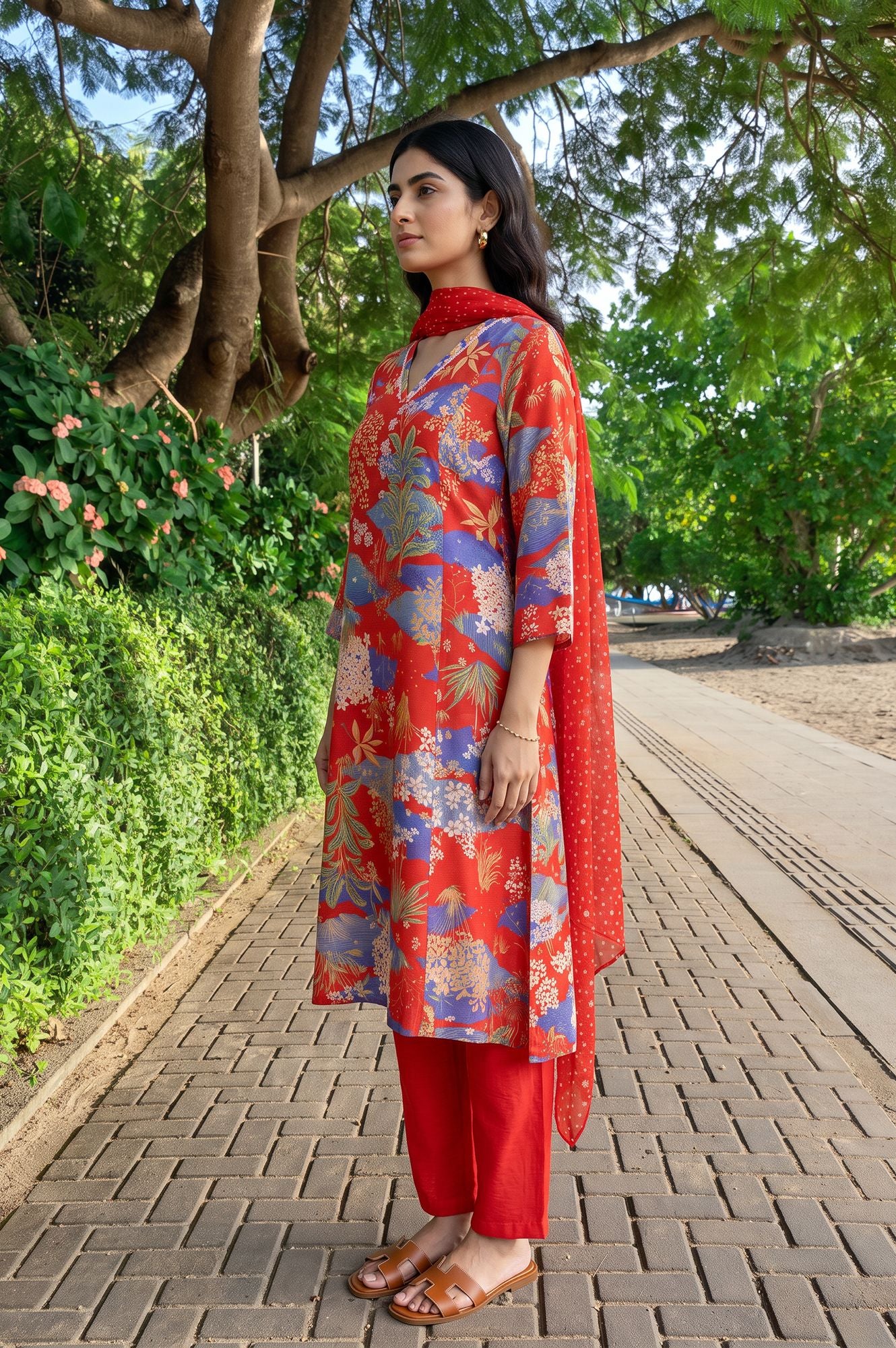 Red Floral Printed Straight Kurta with Pants and Dupatta Set