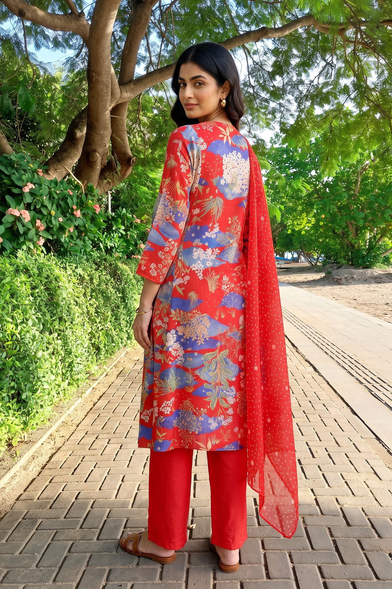 Red Floral Printed Straight Kurta with Pants and Dupatta Set