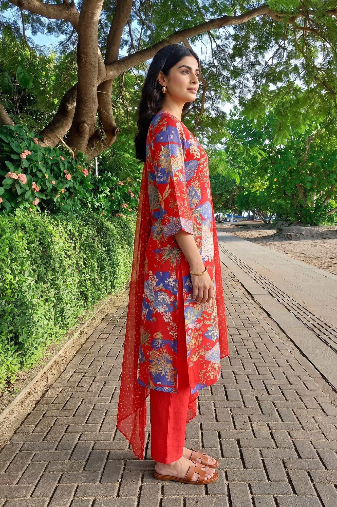 Red Floral Printed Straight Kurta with Pants and Dupatta Set