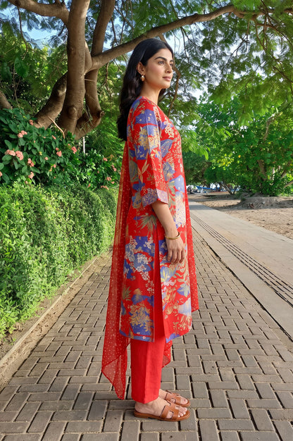 Red Floral Printed Straight Kurta with Pants and Dupatta Set
