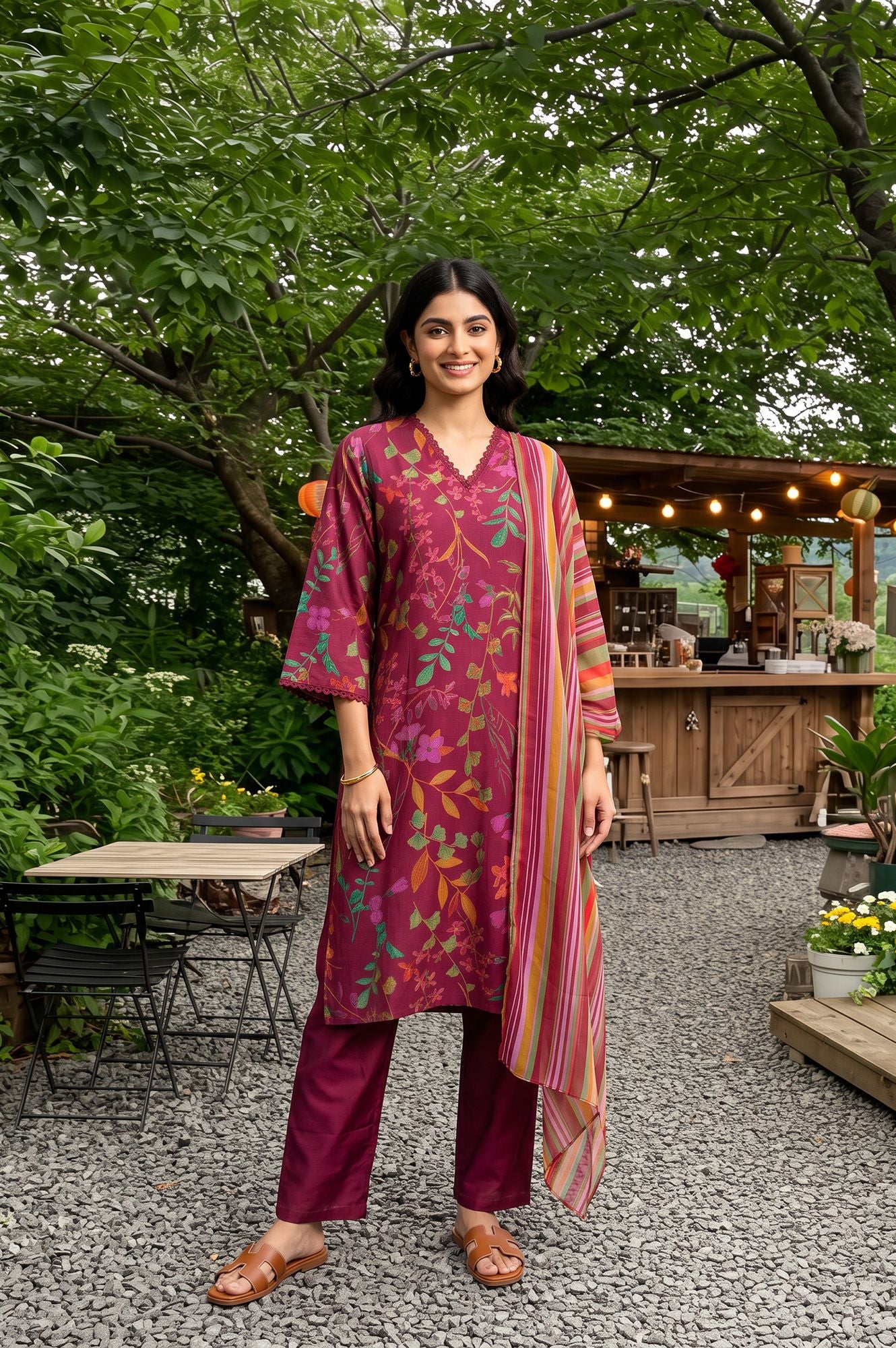 Wine Floral Printed Crepe Straight Kurta with Pants and Dupatta Set