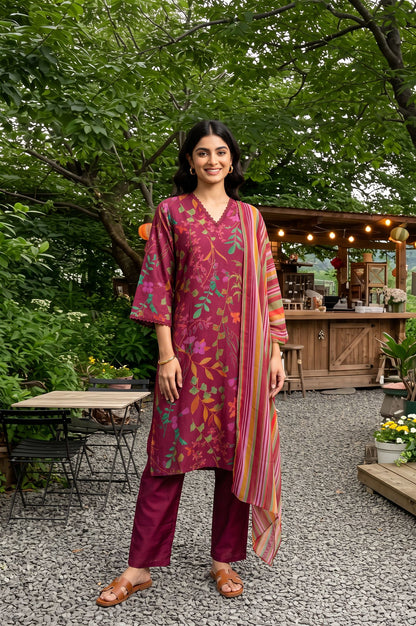 Wine Floral Printed Crepe Straight Kurta with Pants and Dupatta Set