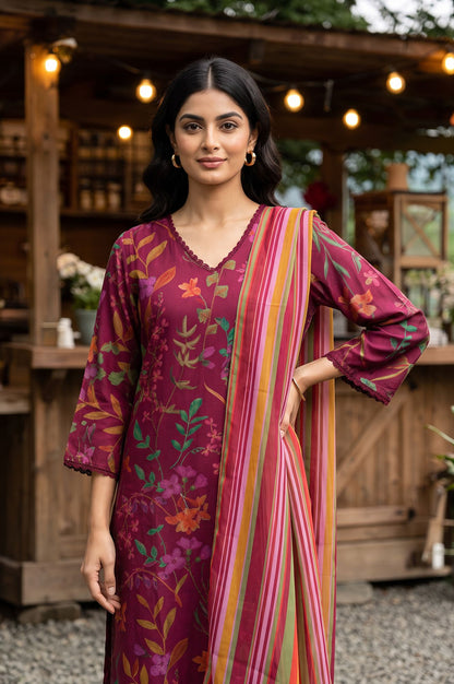 Wine Floral Printed Crepe Straight Kurta with Pants and Dupatta Set