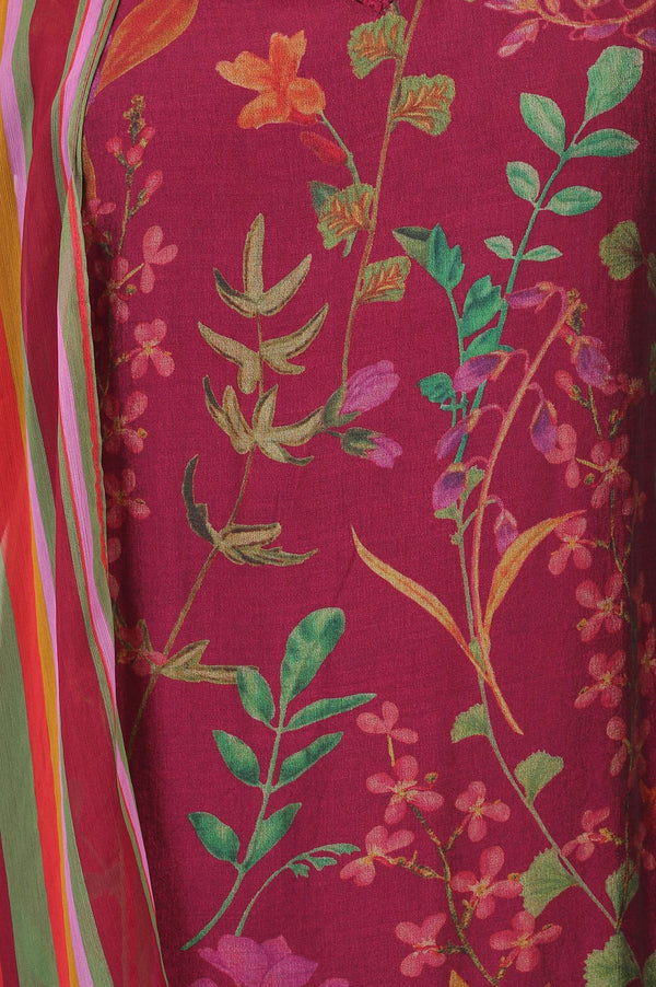 Wine Floral Printed Crepe Straight Kurta with Pants and Dupatta Set