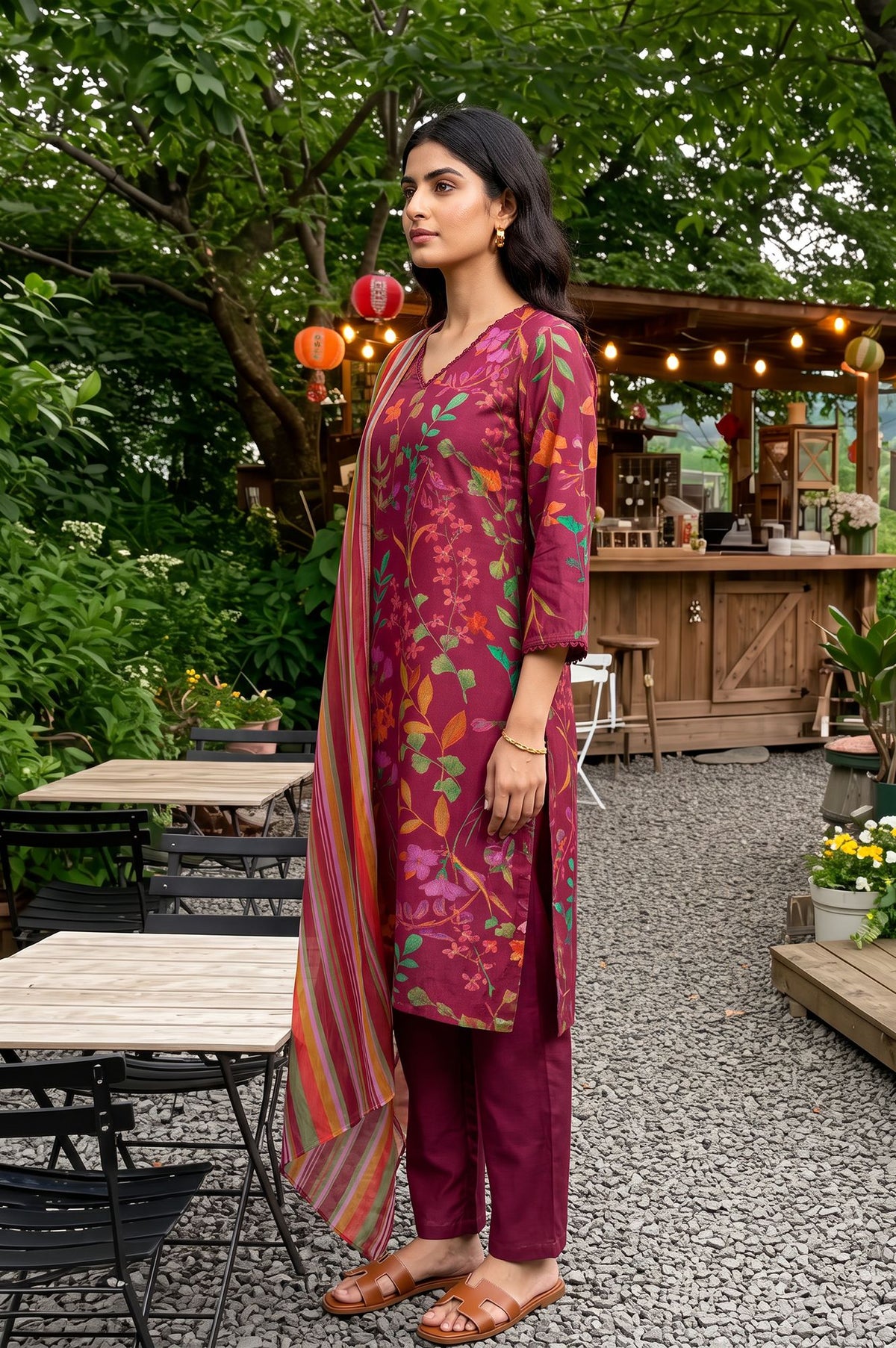 Wine Floral Printed Crepe Straight Kurta with Pants and Dupatta Set