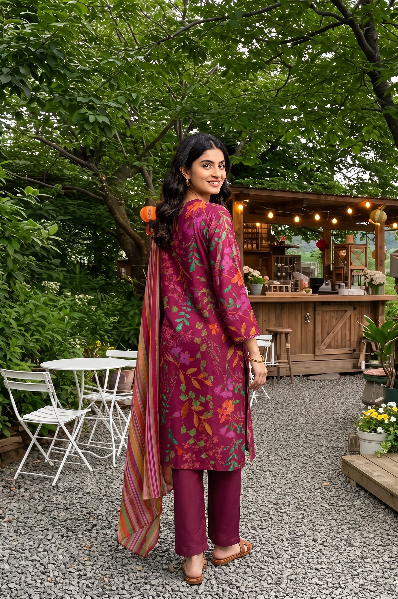 Wine Floral Printed Crepe Straight Kurta with Pants and Dupatta Set